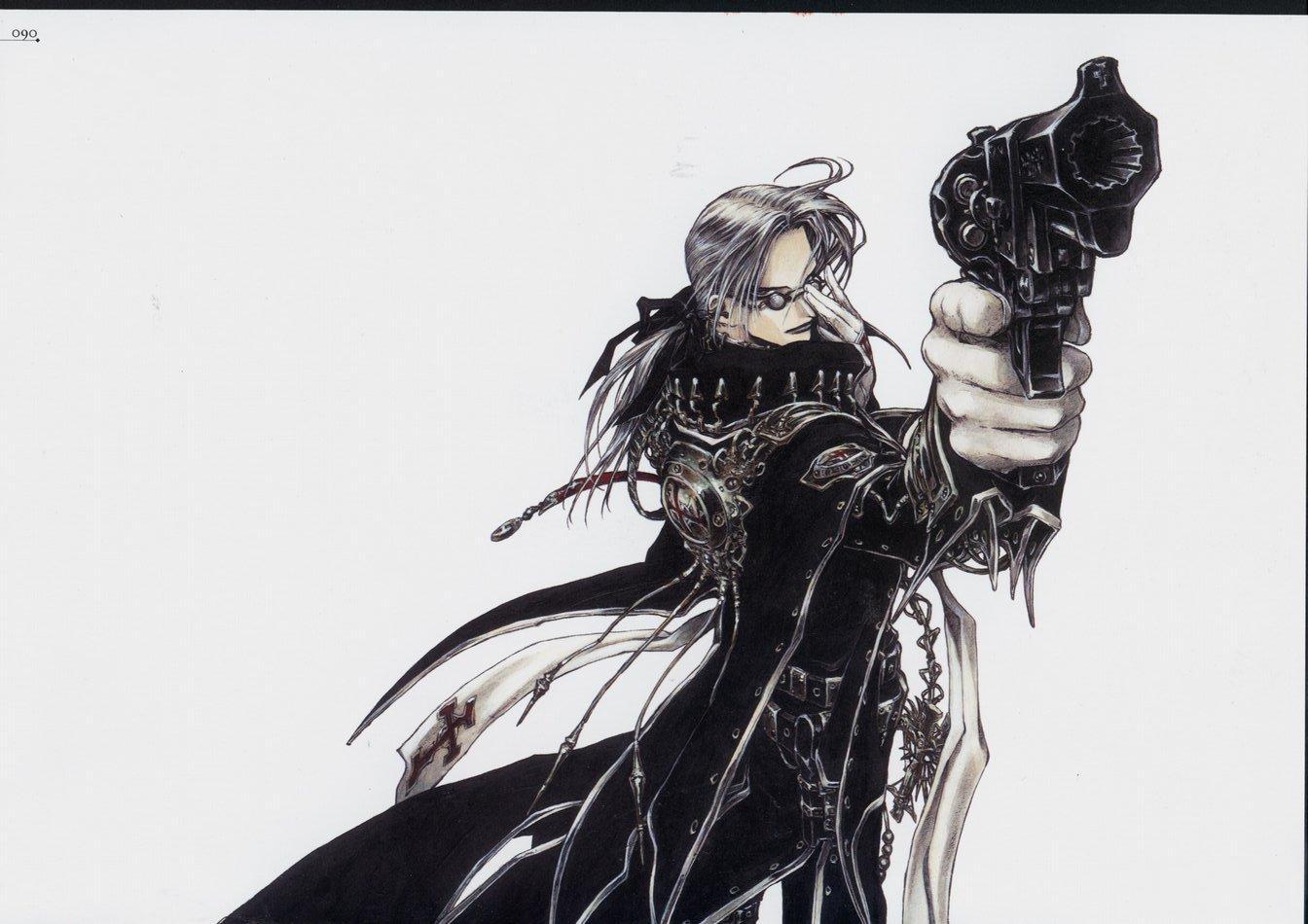abel_nightroad, glasses, gloves, gray_hair, gun, ribbons, thores_shibamoto, trinity_blood