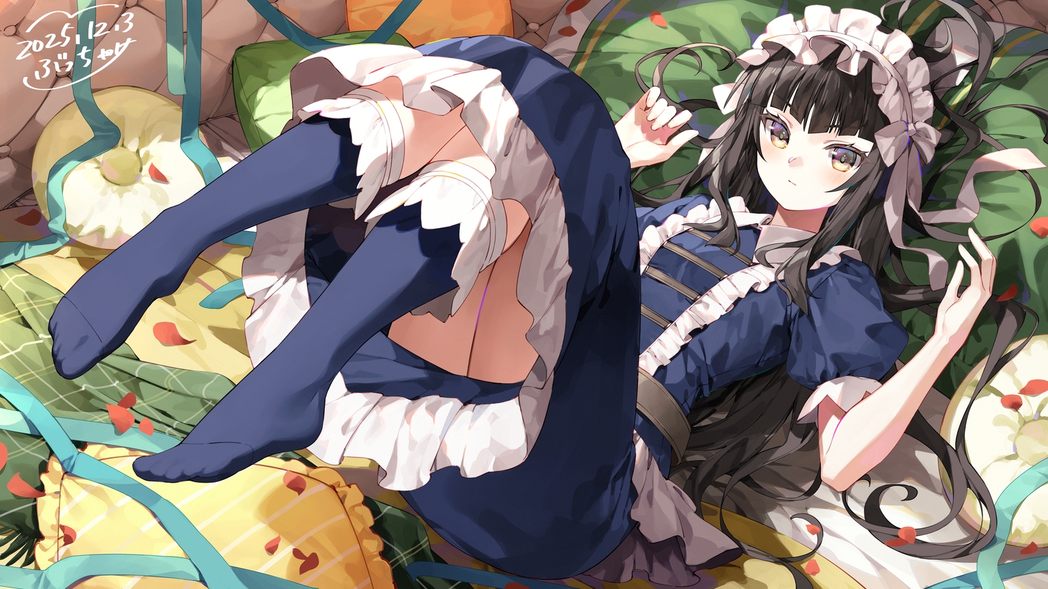 bed, black_hair, blush, bow, brown_eyes, bucchake_(asami), dress, goth-loli, headdress, ikkitousen, kneehighs, lolita_fashion, long_hair, petals, ribbons, signed, ten'i_(ikkitousen)