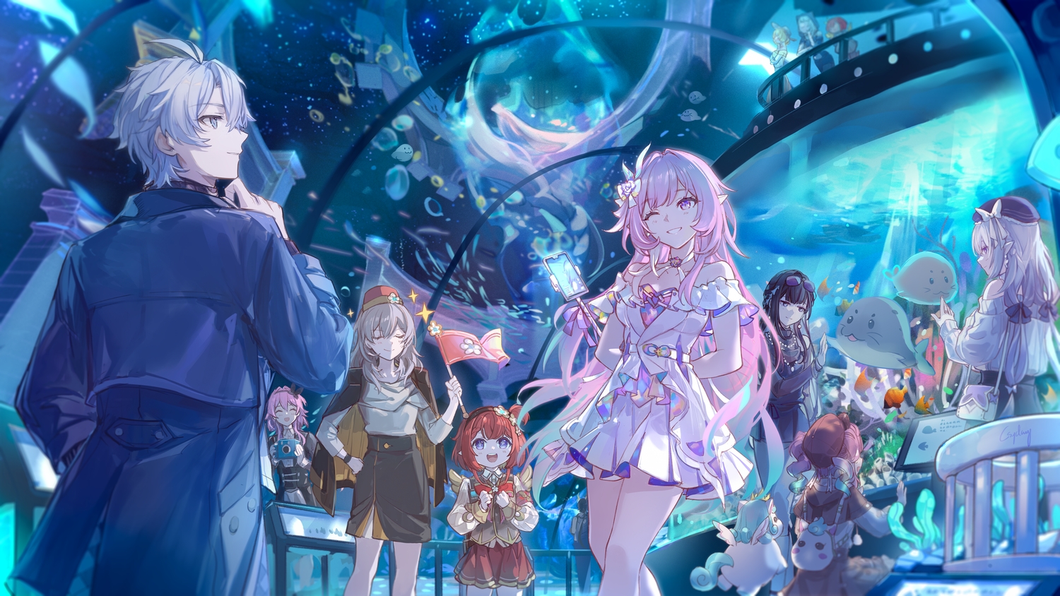 animal, black_hair, blue_eyes, blush, camera, cape, castorice_(honkai:_star_rail), choker