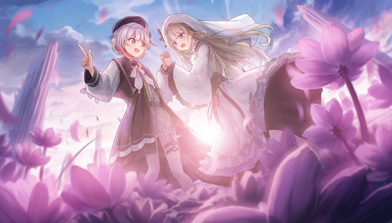2girls, blonde_hair, bow, clouds, dress, flowers, garter, hat
