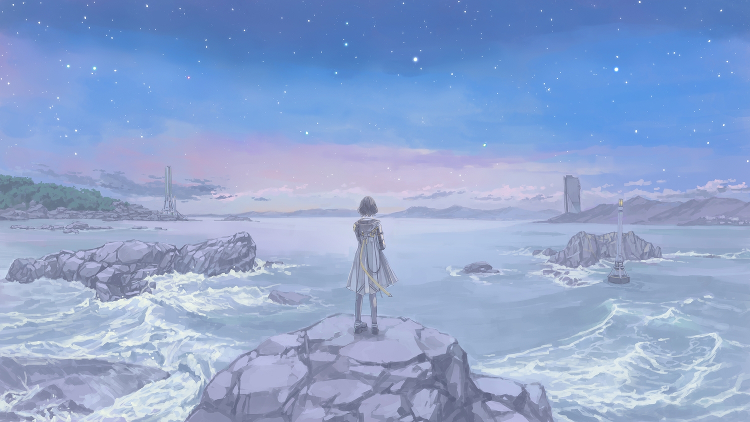 54cr, arknights, arknights:_endfield, black_hair, building, clouds, endministrator_(arknights), hood