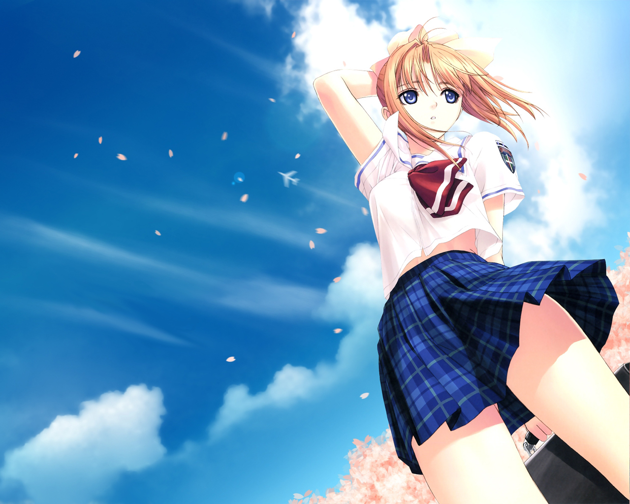 after, blue_eyes, cherry_blossoms, flowers, school_uniform, shiomiya_kanami, skirt, sky