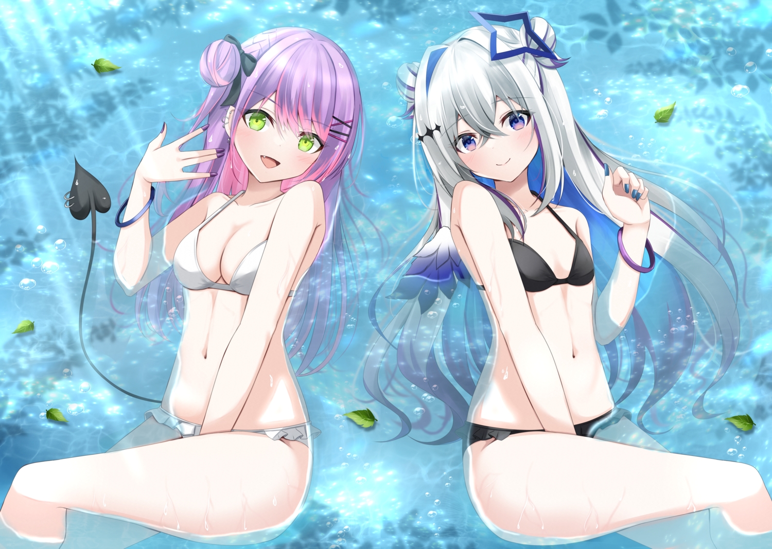 2girls, amane_kanata, angel, bikini, blush, bow, breasts, cleavage