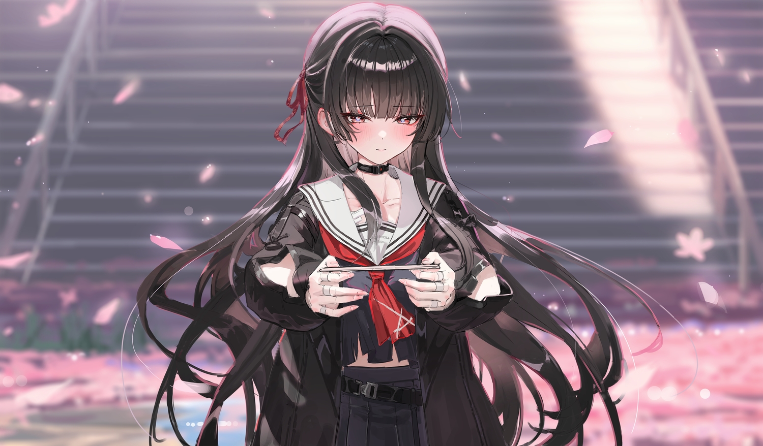 black_hair, blush, bow, chisa_(wuthering_waves), collar, long_hair, paper, petals