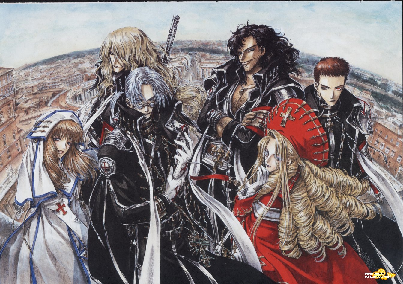 abel_nightroad, black_hair, blonde_hair, brown_hair, caterina_sforza, glasses, gloves, gray_hair, hugue_de_watteau, kate_scott, leon_garcia_de_asturias, nun, tagme, thores_shibamoto, tres_iqus, trinity_blood