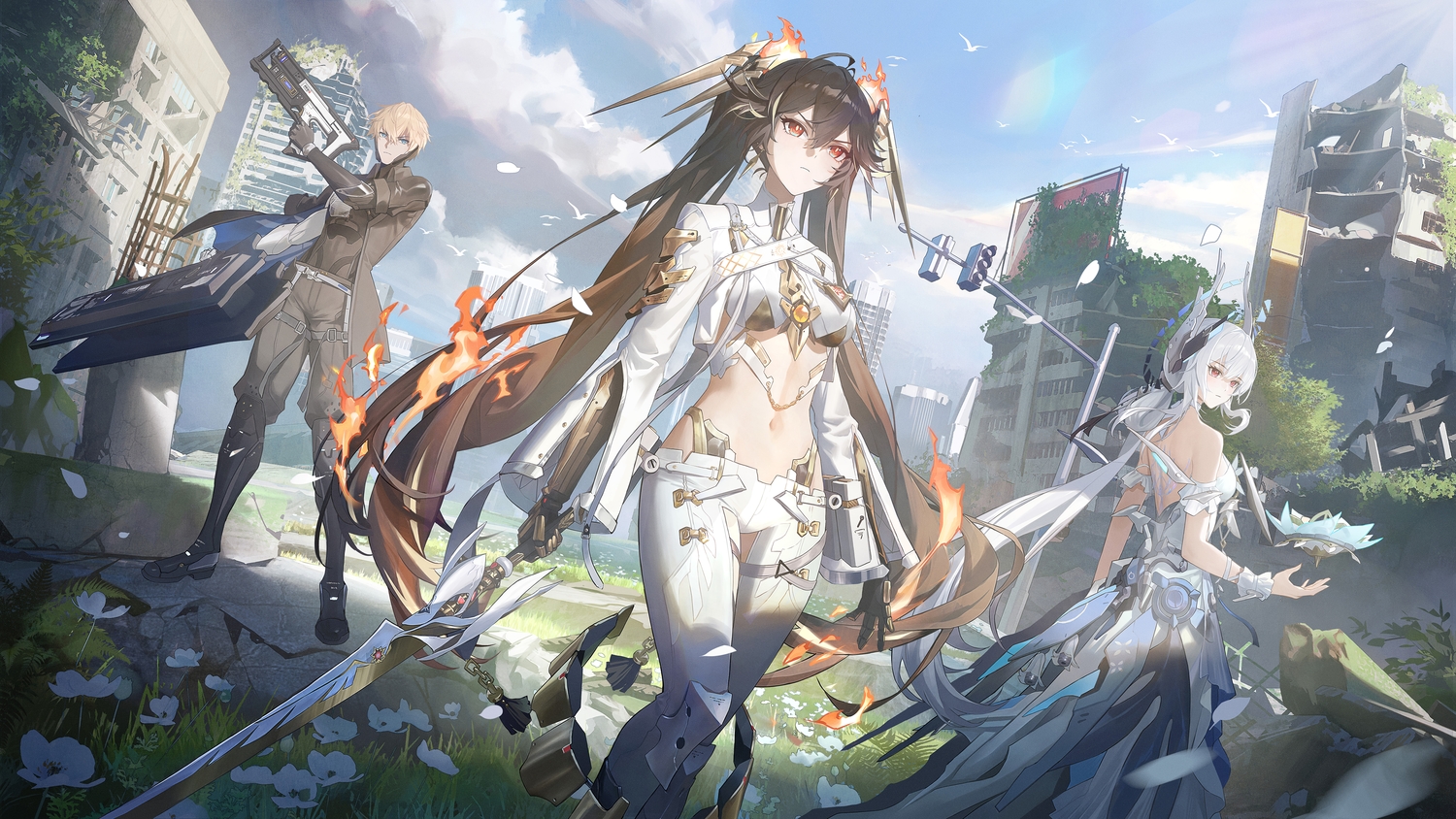 aqua_eyes, armor, black_hair, blonde_hair, boots, building, chain, city