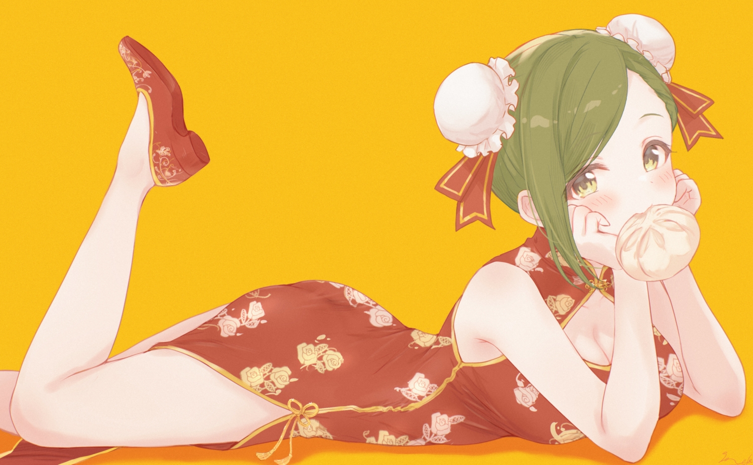 ass, blush, breasts, chinese_clothes, chinese_dress, cleavage, dress, food