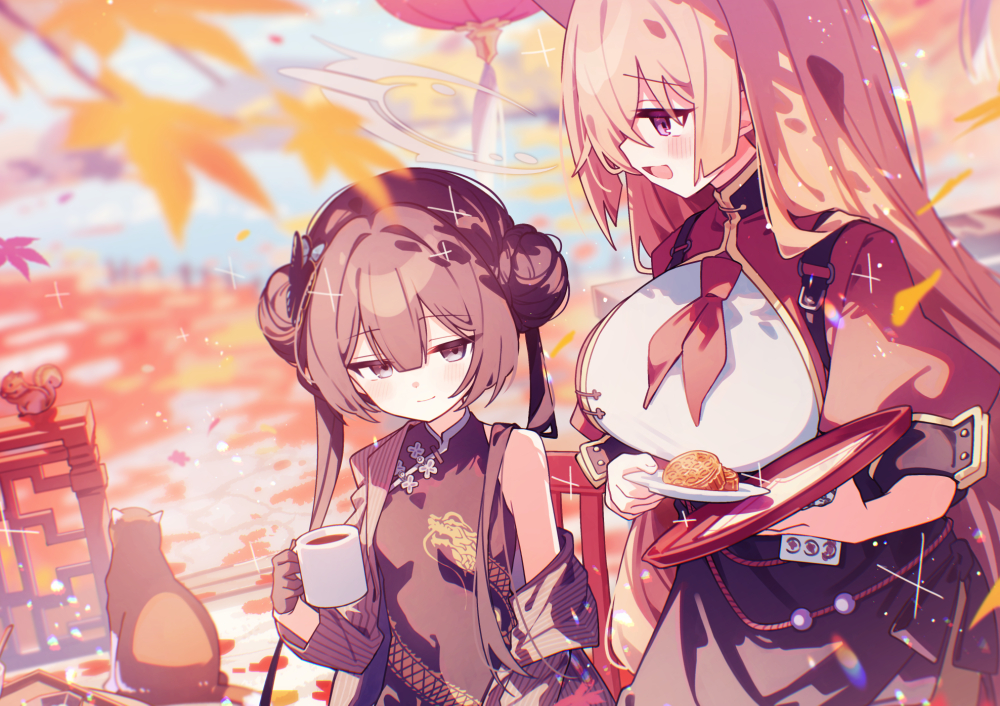 2girls, akeshiro_rumi, animal, animal_ears, autumn, black_eyes, black_hair, blue_archive