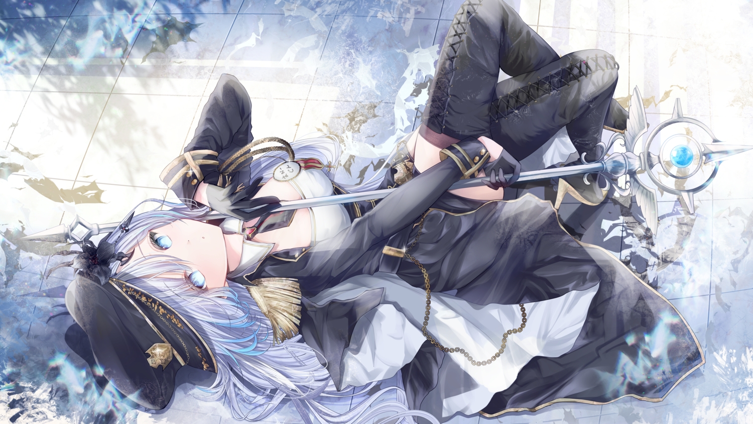 blue_eyes, boots, cape, chain, cross, gloves, gray_hair, hat