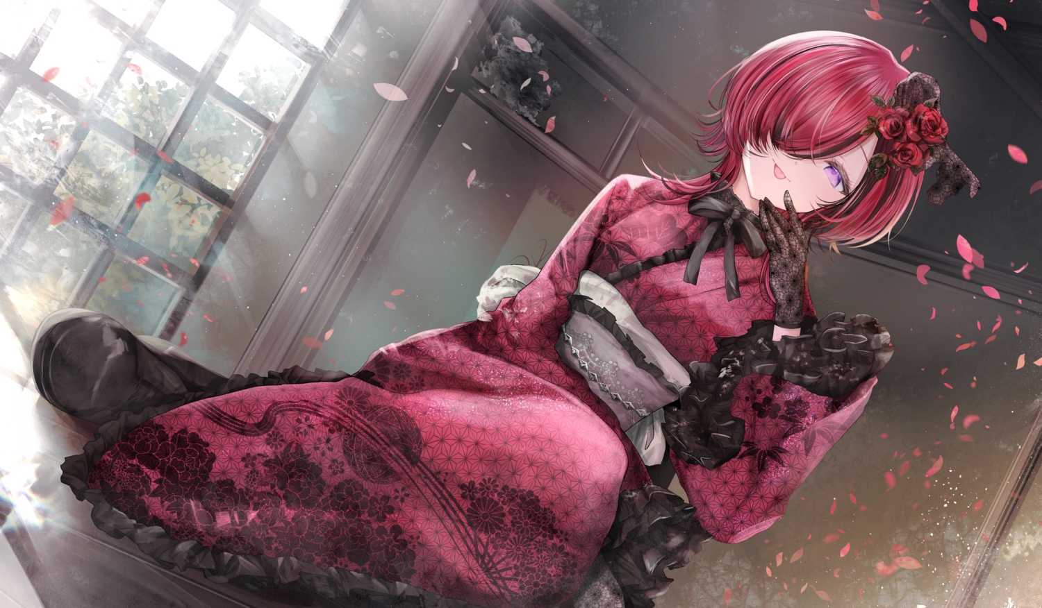 bow, gloves, goth-loli, japanese_clothes, kimono, lolita_fashion, orisaki_moshu, petals