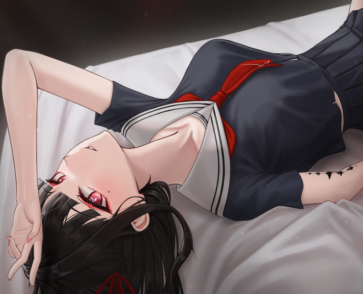 bed, black_hair, blush, bow, chisa_(wuthering_waves), close, commonalty, long_hair
