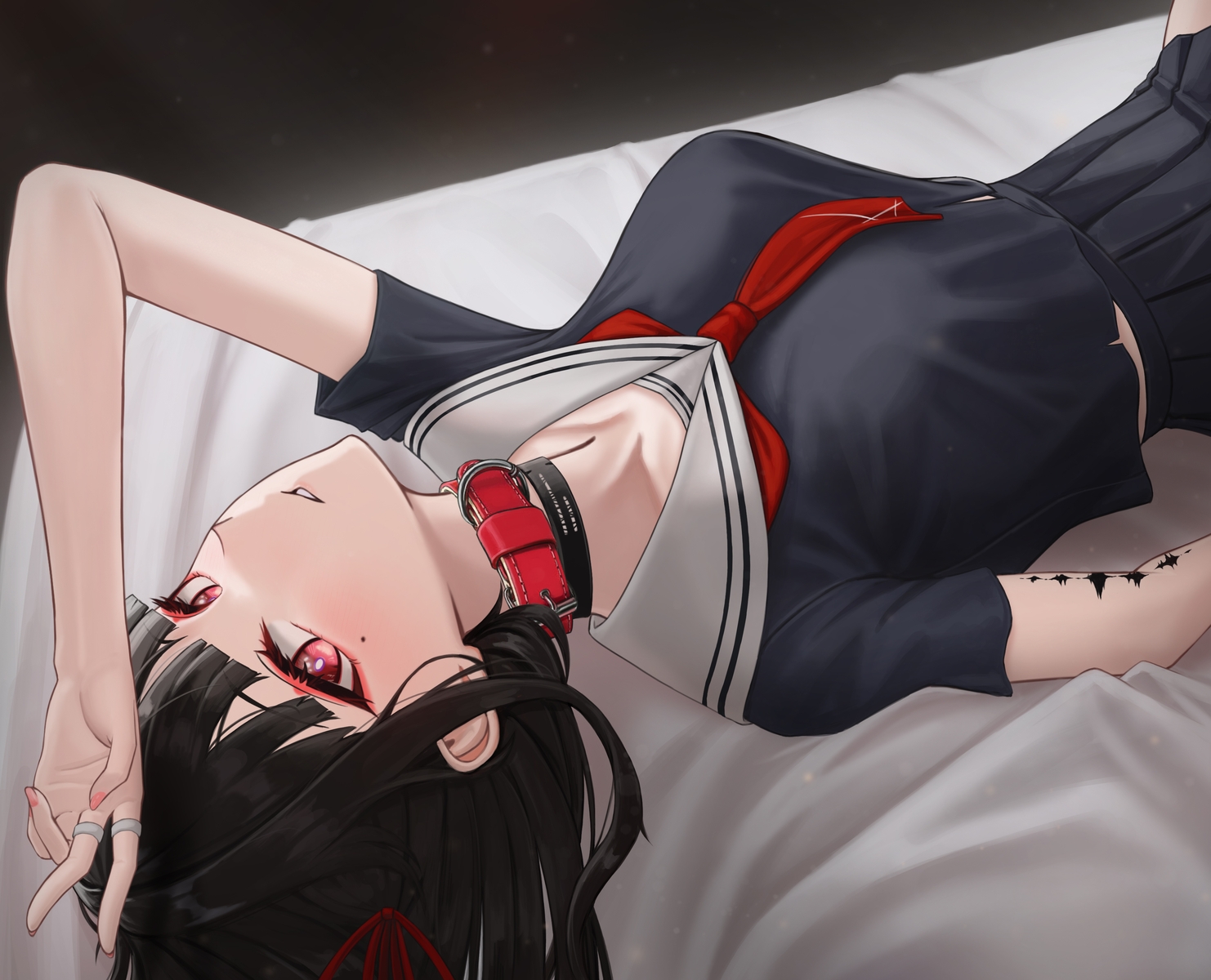 bed, black_hair, blush, bow, chisa_(wuthering_waves), choker, close, collar, commonalty, long_hair, red_eyes, school_uniform, shirt, skirt, wuthering_waves