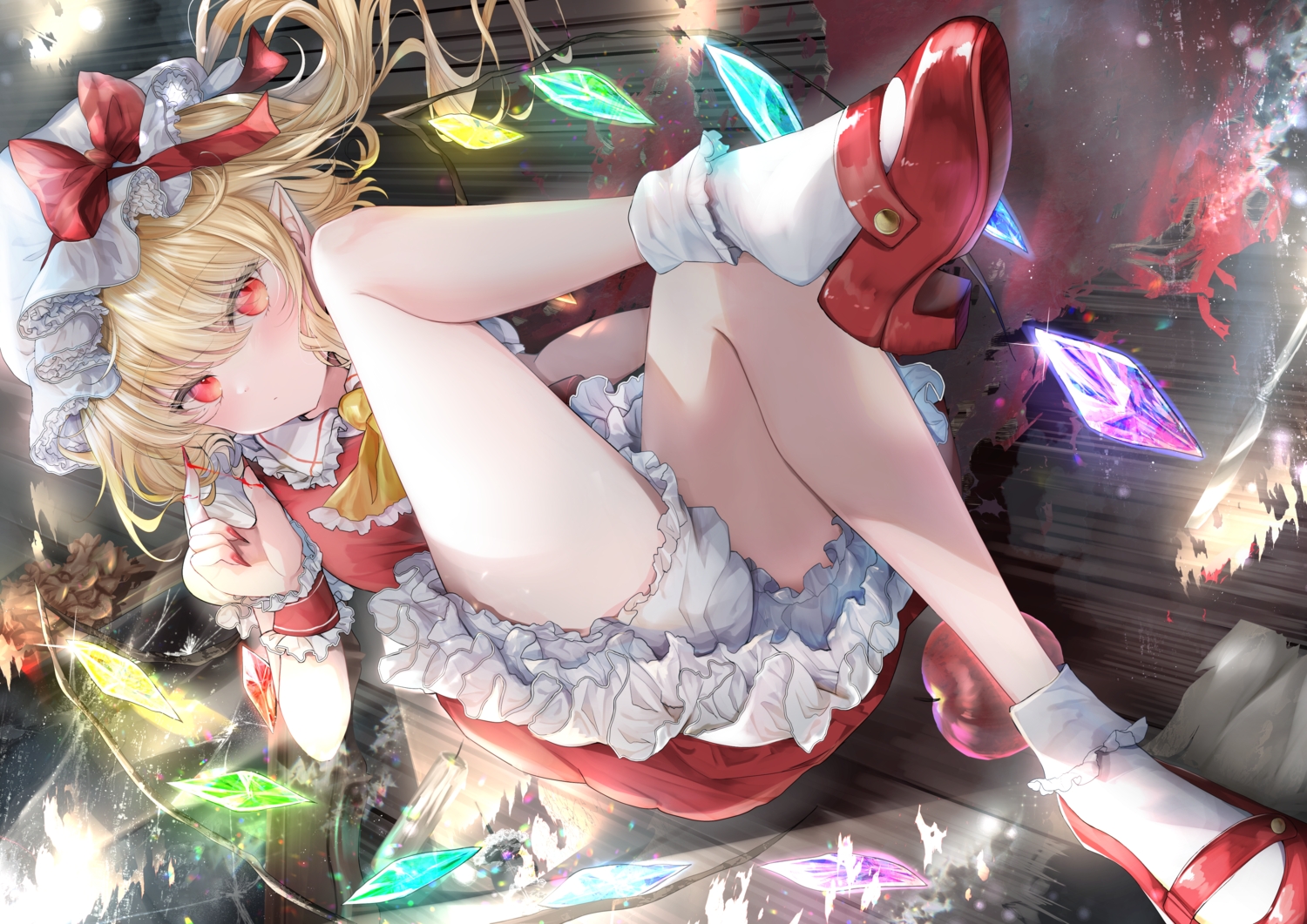 aliasing, apple, blonde_hair, blood, bloomers, bow, dress, flandre_scarlet, food, fruit, hat, pointed_ears, ponytail, red_eyes, riyu_cott, short_hair, socks, touhou, upskirt, vampire, wings, wristwear