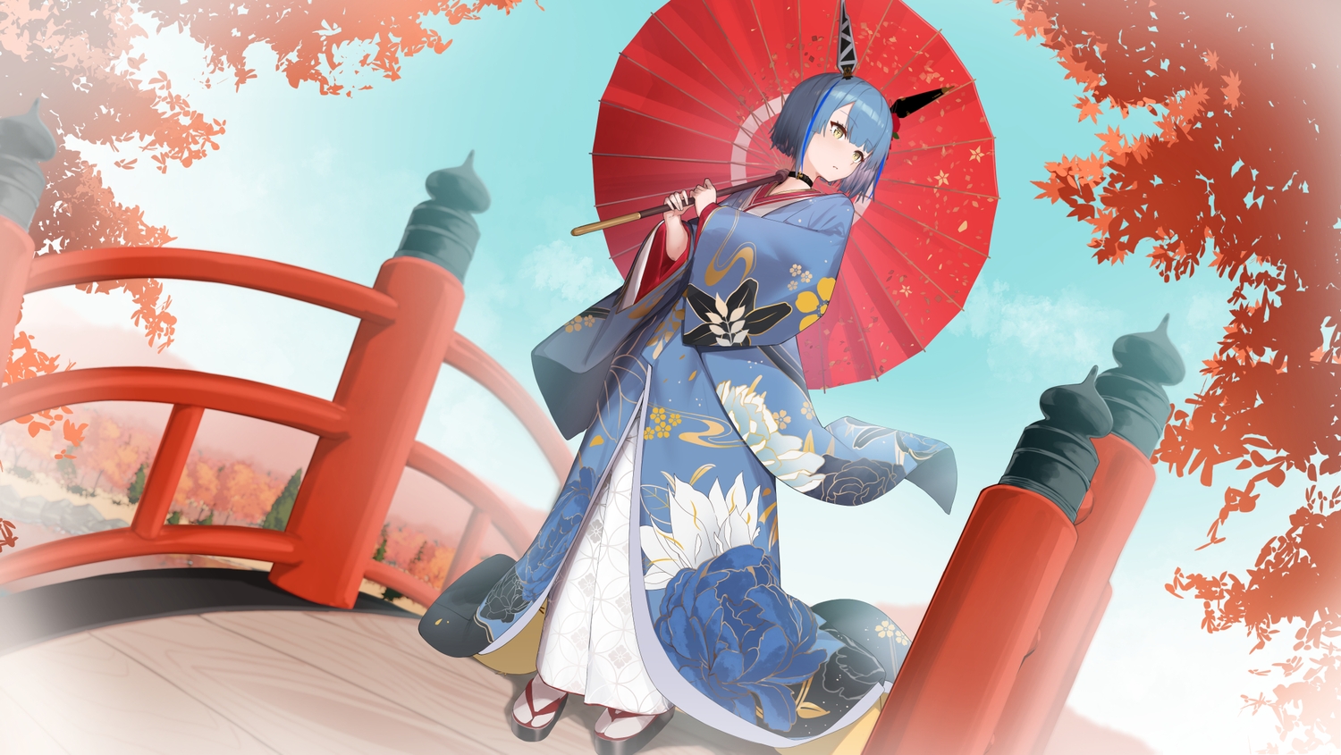 anthropomorphism, autumn, azur_lane, blue_hair, choker, clouds, gascogne_(azur_lane), japanese_clothes