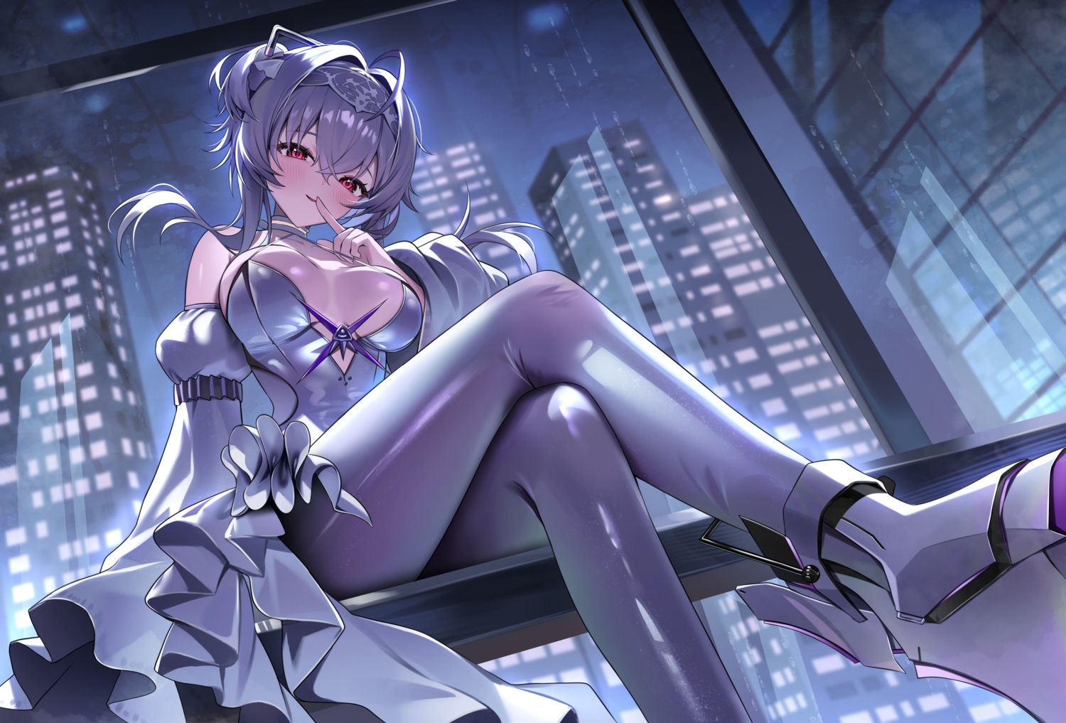 blush, breasts, building, choker, city, dress, goddess_of_victory:_nikke, gray_hair, headband, liberalio_(nikke), night, pantyhose, red_eyes, shuvi_(shuvi1125)
