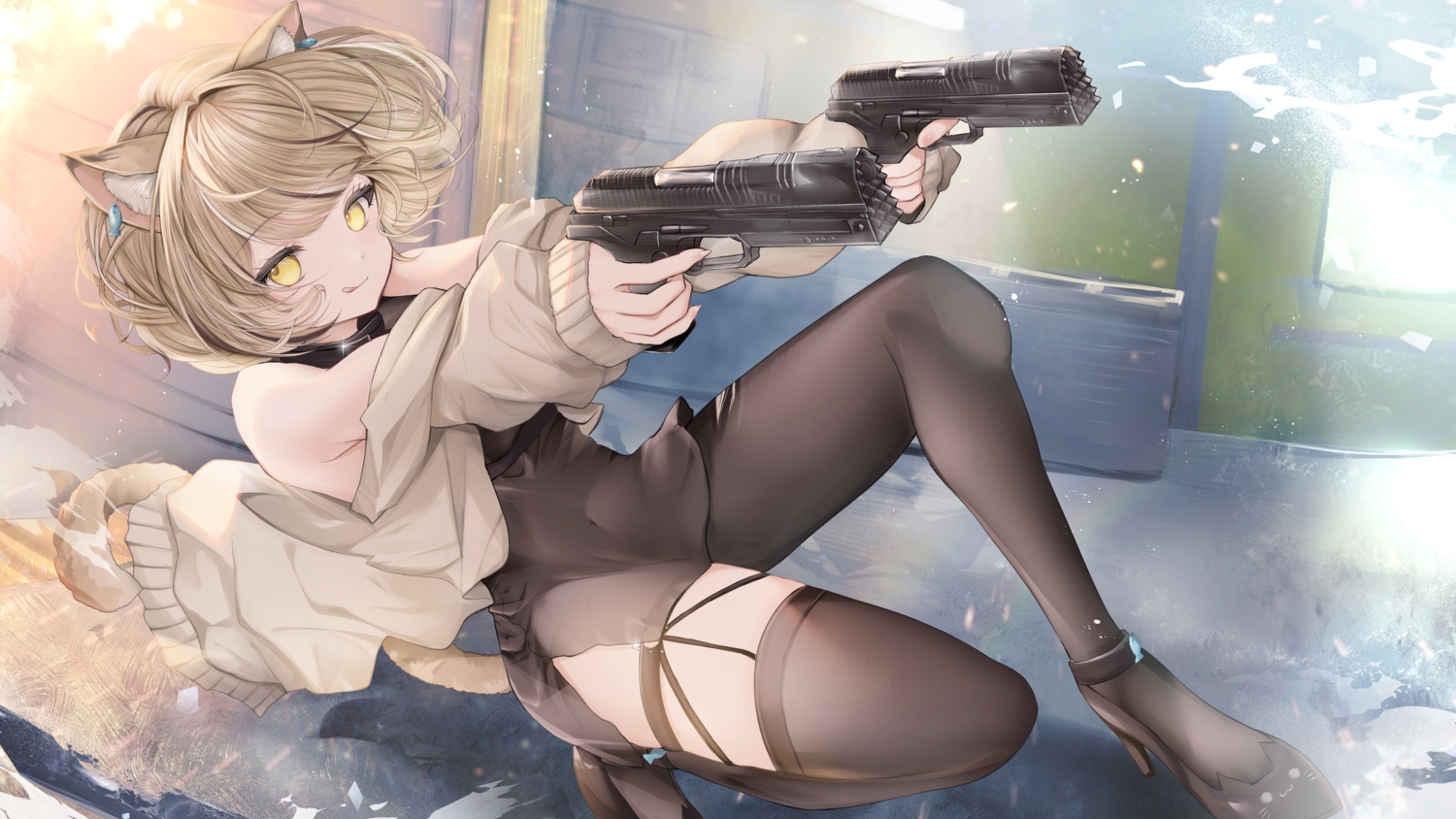 aliasing, apex_legends, brown_hair, catgirl, collar, dress, garter, gun, indie_virtual_youtuber, riyu_cott, shirasu_neko, short_hair, stockings, tail, torn_clothes, weapon, yellow_eyes