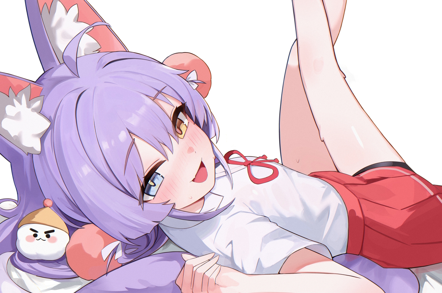animal_ears, bicolored_eyes, blush, bow, close, fang, flat_chest, foxgirl, garter, purple_hair, school_uniform, seulpeunna, shirt, skirt, stellive, tail, tenko_shibuki, white