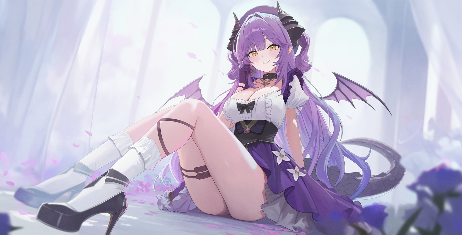 blush, breasts, choker, cleavage, dress, flowers, garter, gloves, hat, horns, kneehighs, long_hair, necklace, petals, pointed_ears, purple_hair, sakihane_huya, stellive, sunj000, tail, wings, wristwear, yellow_eyes