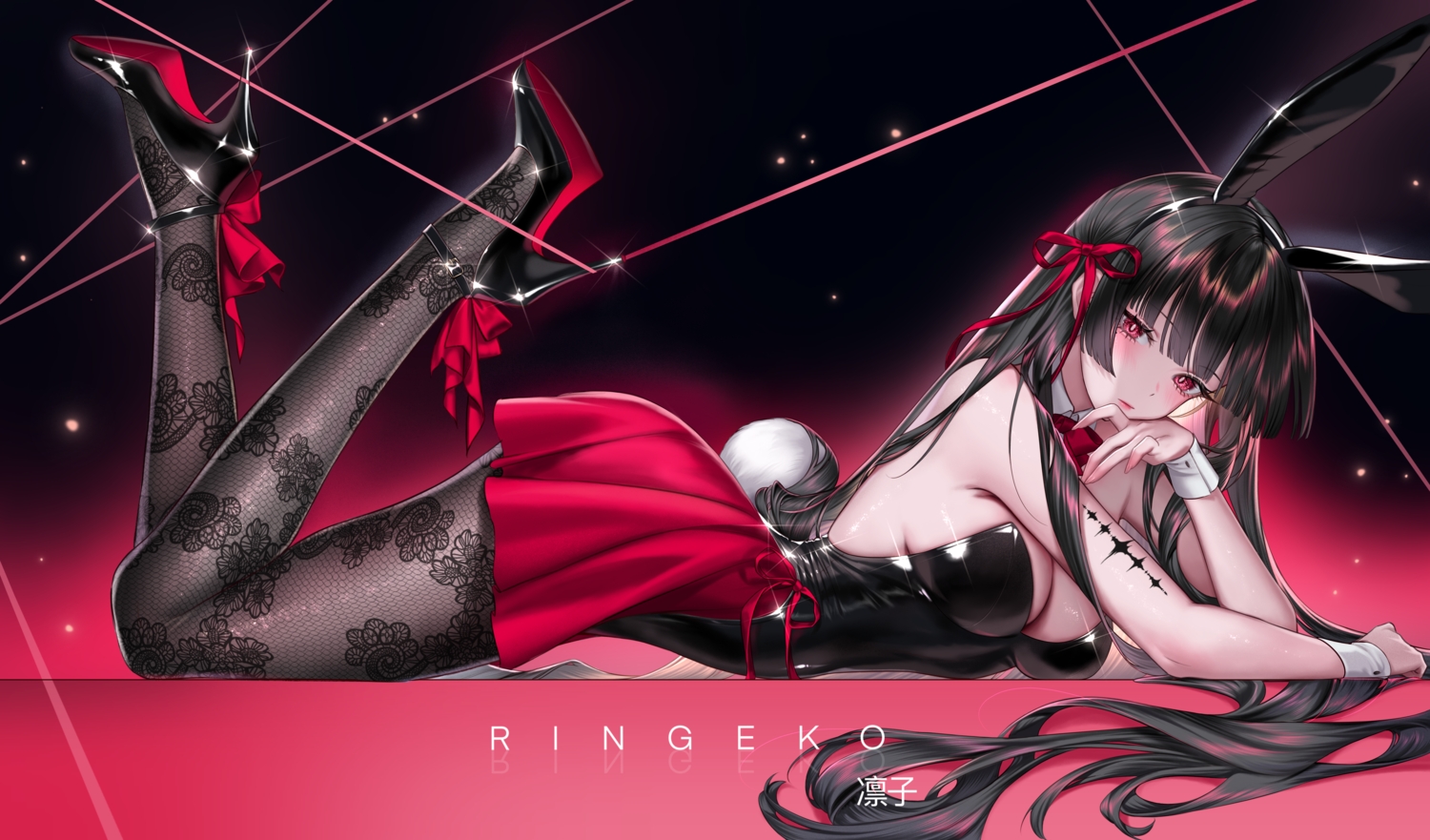 animal_ears, black_hair, blush, bow, breasts, bunny_ears, bunnygirl, chisa_(wuthering_waves), cleavage, headband, leotard, long_hair, pantyhose, red_eyes, ribbons, ringeko-chan, skirt, tail, watermark, wristwear, wuthering_waves