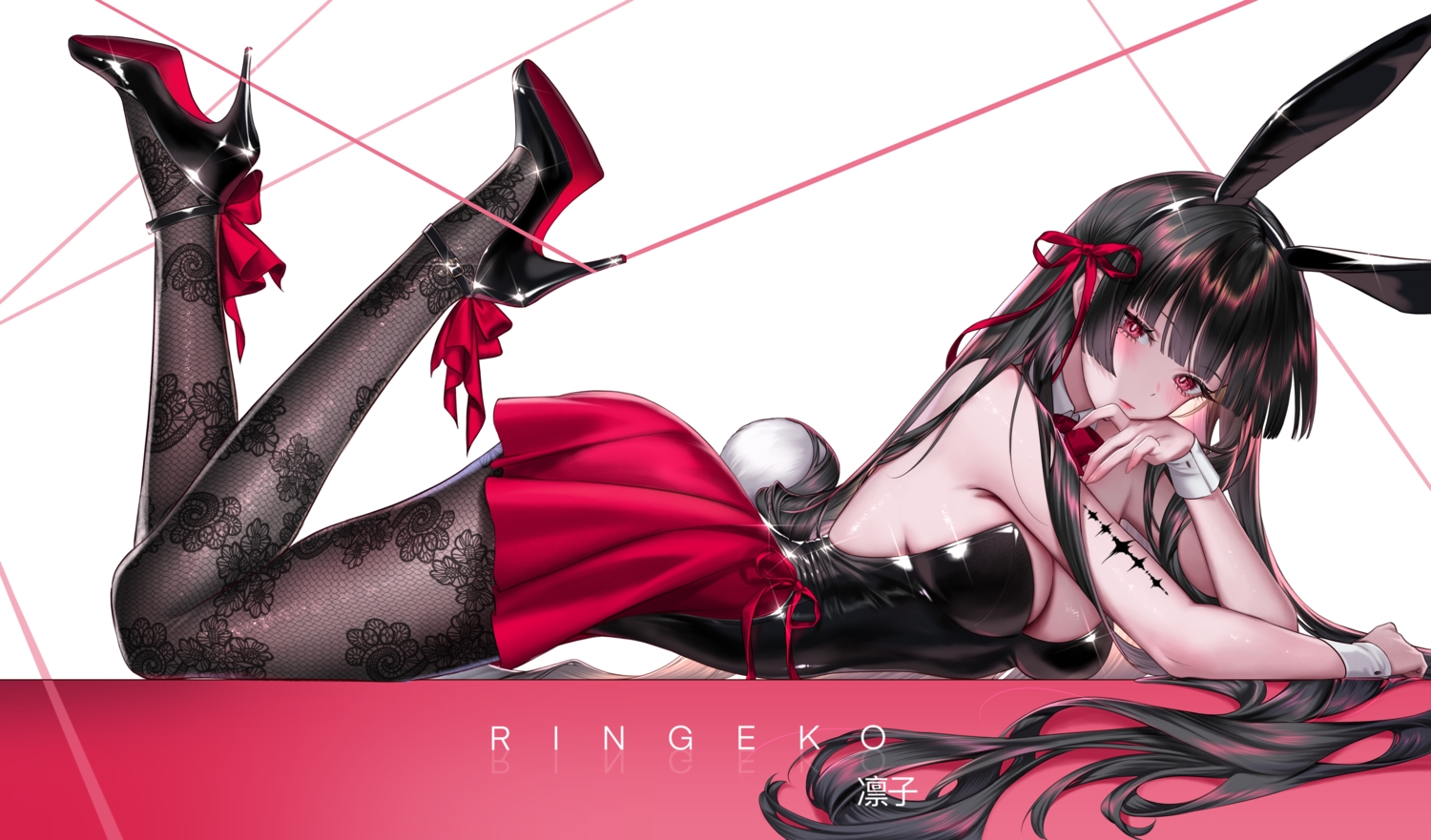 animal_ears, black_hair, blush, bow, breasts, bunny_ears, bunnygirl, chisa_(wuthering_waves)