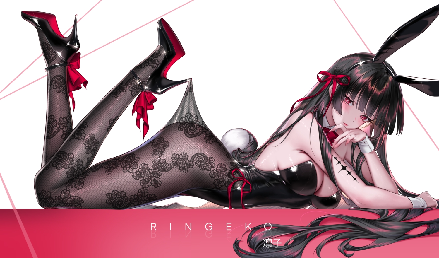 animal_ears, black_hair, blush, bow, breasts, bunny_ears, bunnygirl, chisa_(wuthering_waves)