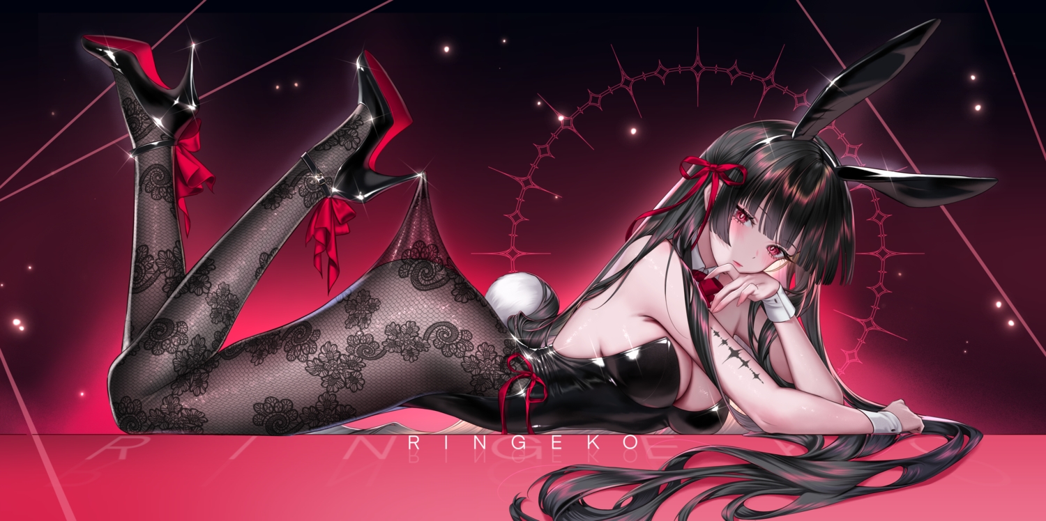 animal_ears, black_hair, blush, bow, breasts, bunny_ears, bunnygirl, chisa_(wuthering_waves)