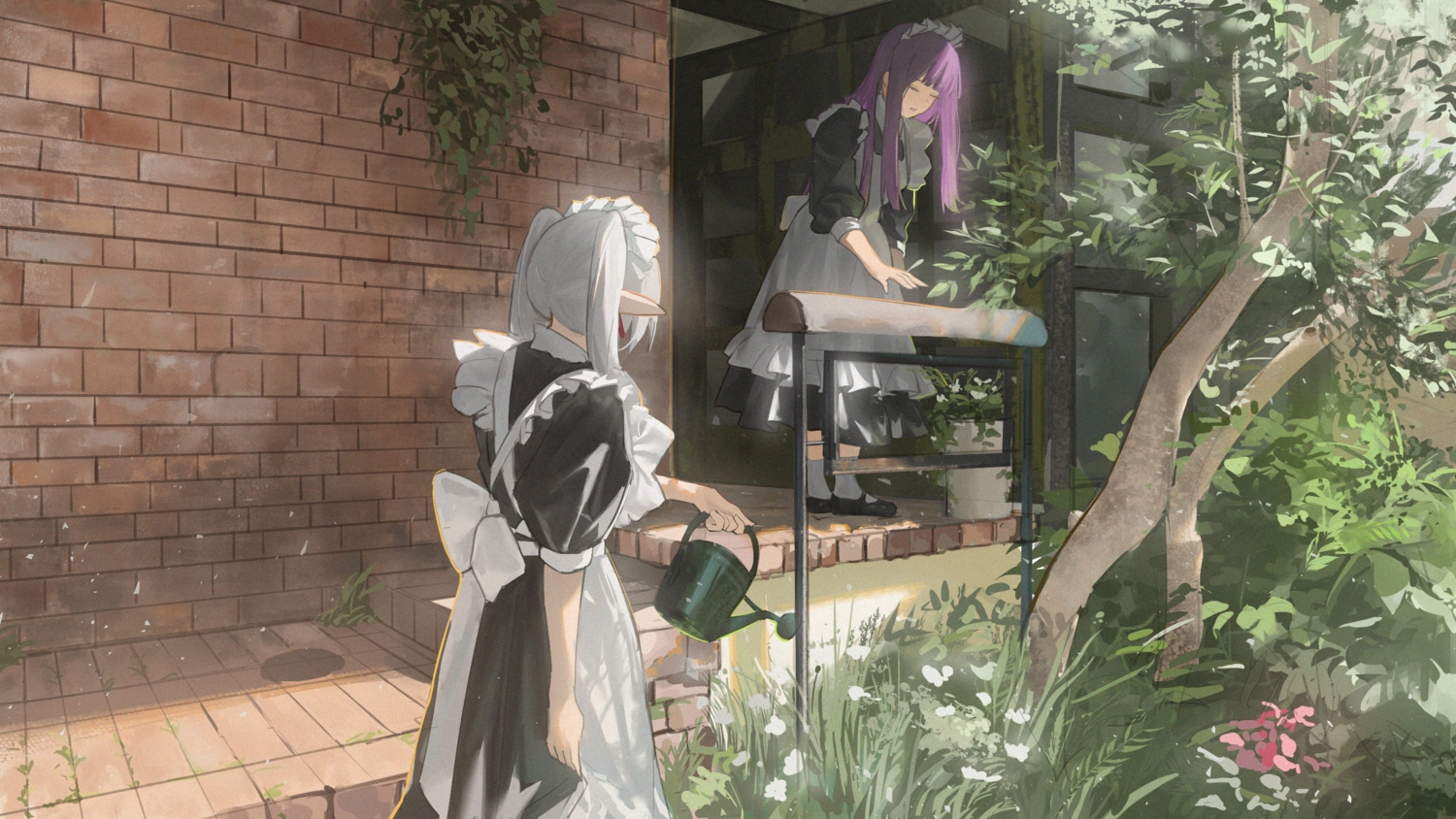 2girls, apron, bow, building, dress, fern_(sousou_no_frieren), flowers, frieren