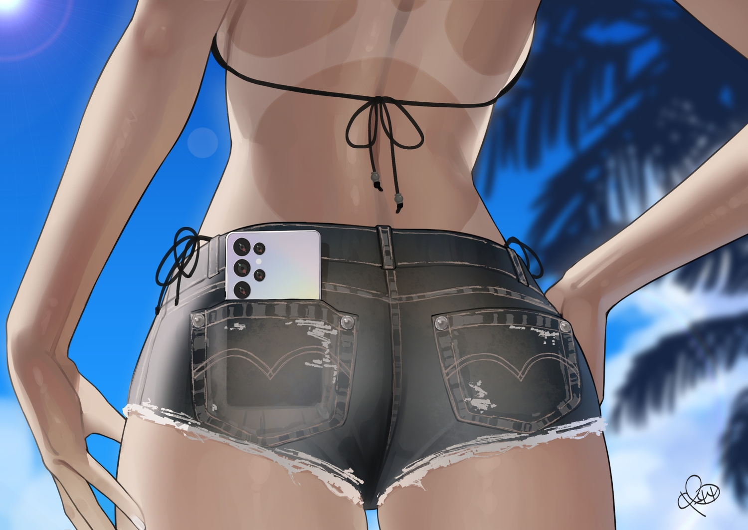 ass, bikini_top, close, clouds, original, phone, rerere, shorts, signed, sky, torn_clothes, tree