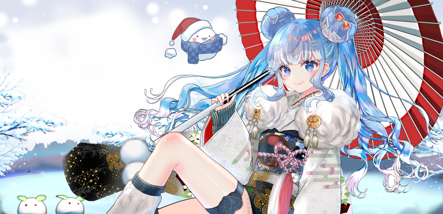 blue_eyes, blue_hair, blush, garter, hat, hololive, japanese_clothes, kimono
