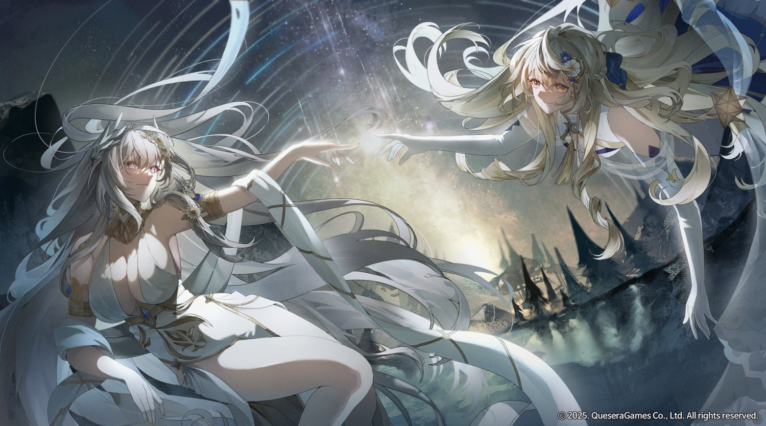 2girls, aliasing, breasts, brown_eyes, brown_hair, cleavage, dress, elbow_gloves