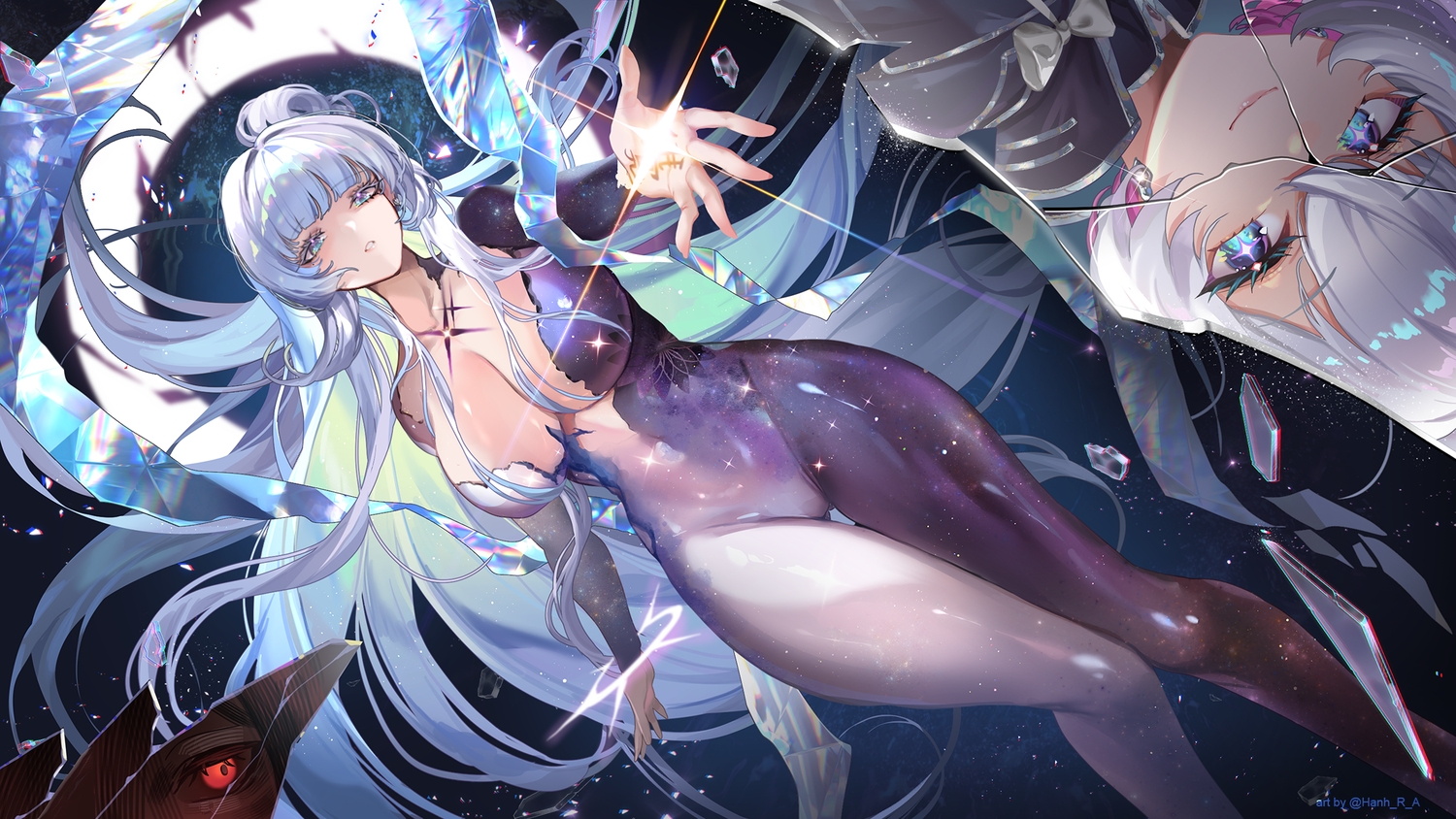 aqua_eyes, black_hair, bodysuit, bow, breasts, cleavage, goddess_of_victory:_nikke, gray_hair, hanh_chu, liliweiss_(nikke), long_hair, magic, nayuta_(nikke), purple_eyes, rapture_queen_(nikke), red_eyes, reflection, short_hair, watermark, wristwear