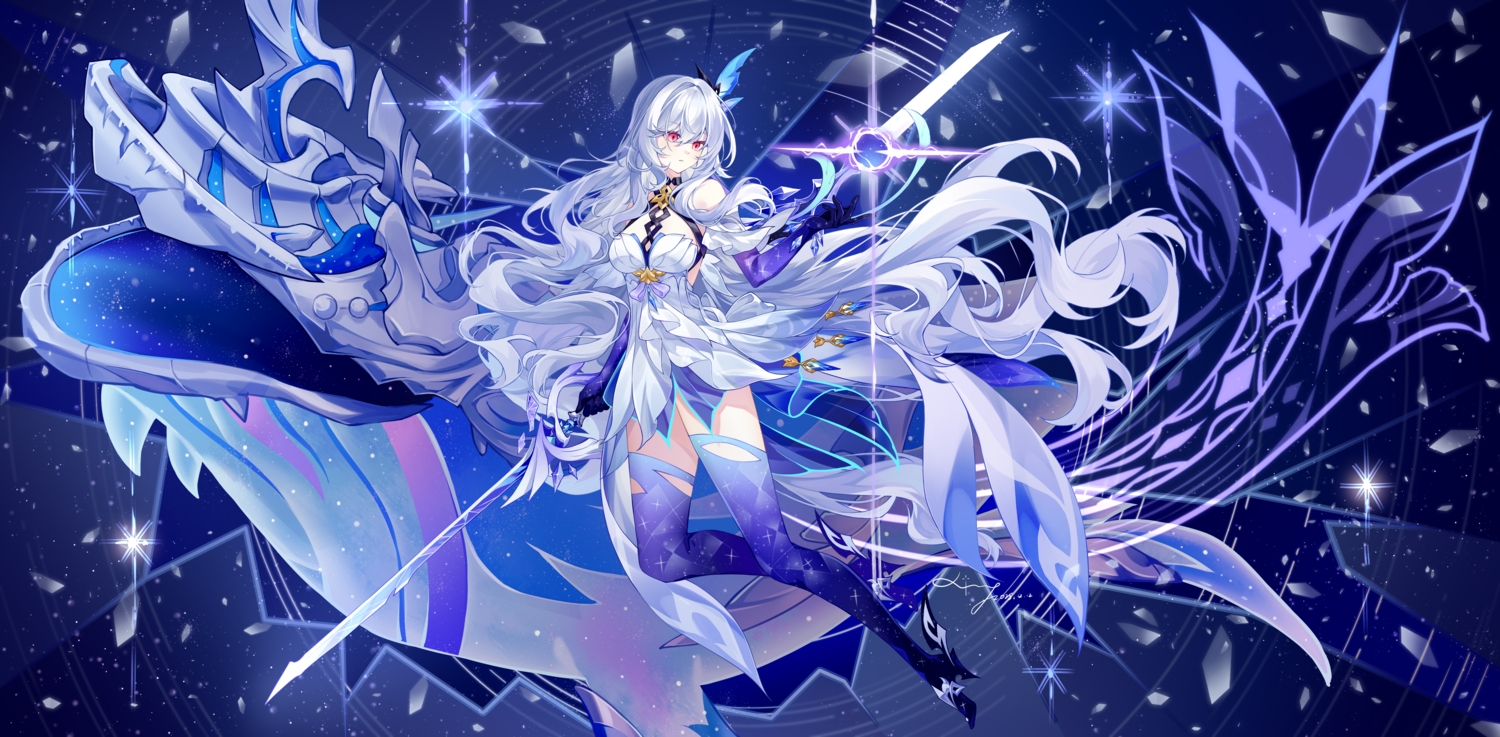 blue, bow, dress, elbow_gloves, genshin_impact, gloves, gray_hair, handsomening