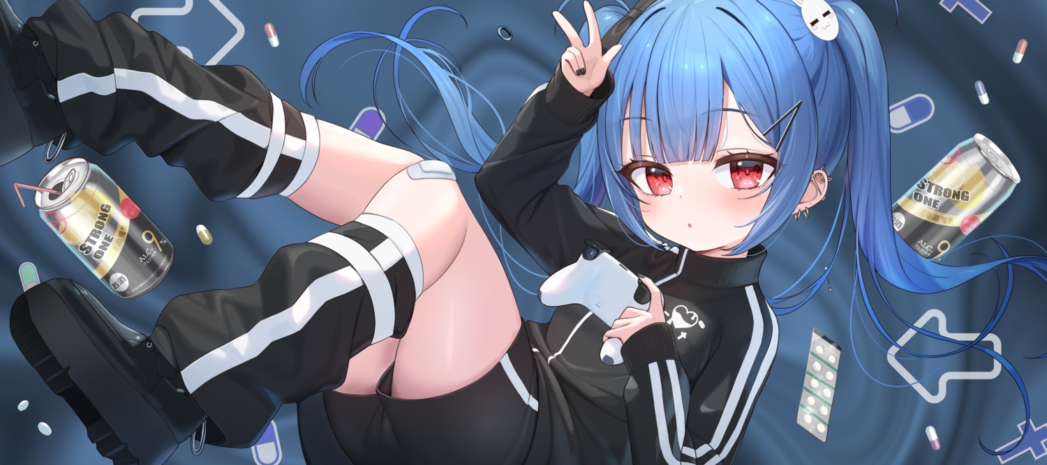bandaid, blue_hair, blush, bow, drink, game_console, kanae_(tsukiman), loli, long_hair, original, red_eyes, shorts, tsukiman, twintails