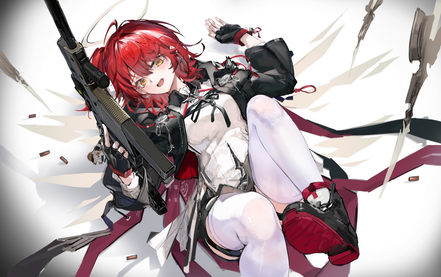 arknights, blush, boots, bow, cross, exusiai_(arknights), garter, gloves