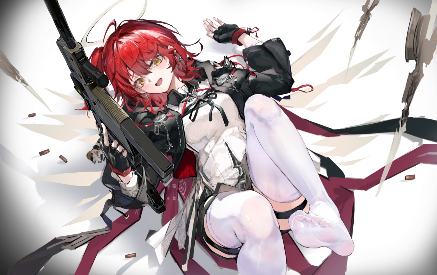 arknights, blush, bow, cross, exusiai_(arknights), garter, gloves, gun, halo, hood, ponytail, red_hair, see_through, shirt, short_hair, shorts, thighhighs, weapon, wings, xun_li_eins, yellow_eyes