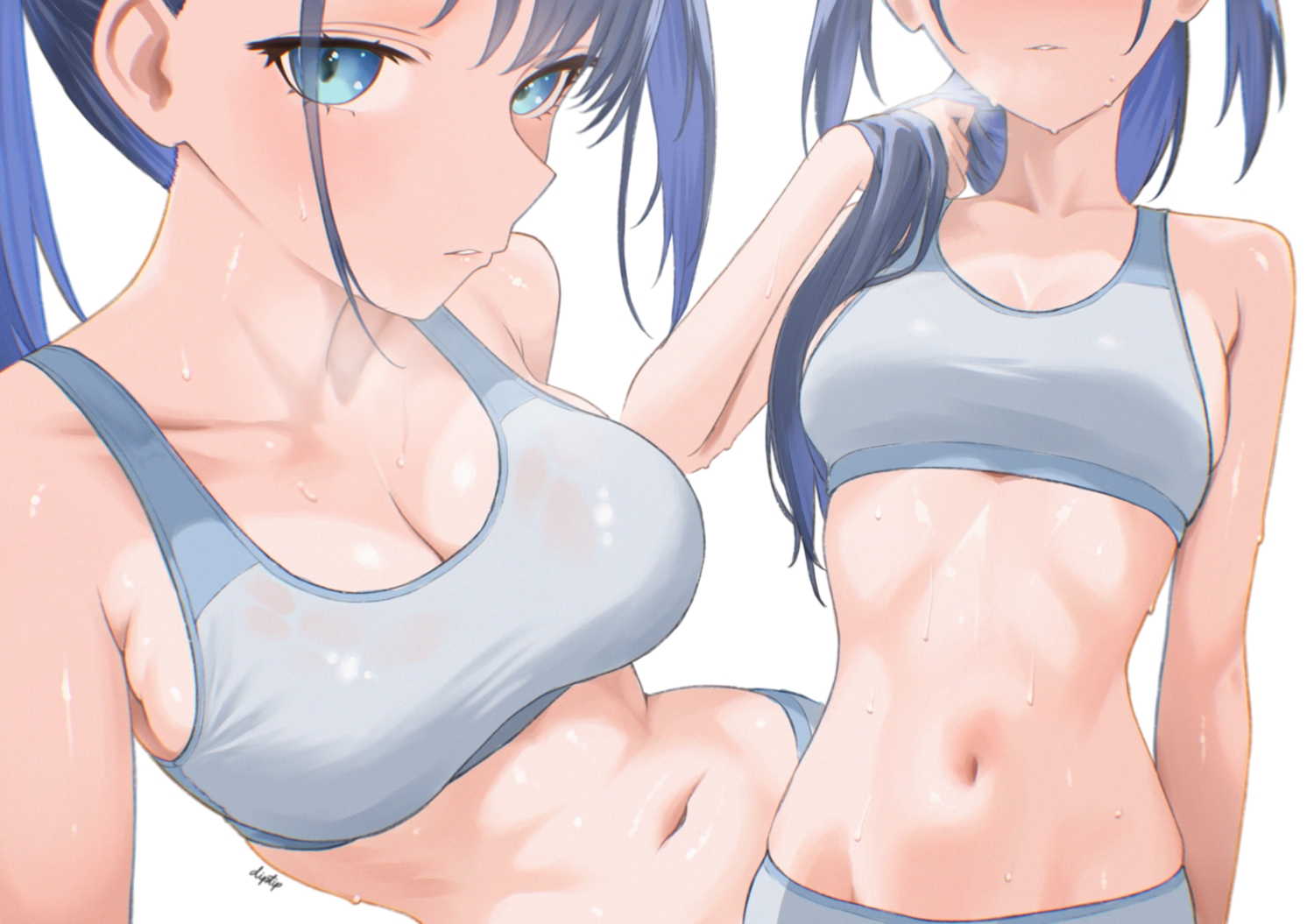 blue_eyes, blue_hair, breasts, cleavage, close, diptip, hololive, long_hair, navel, ouro_kronii, ponytail, signed, sports_bra, wet, white