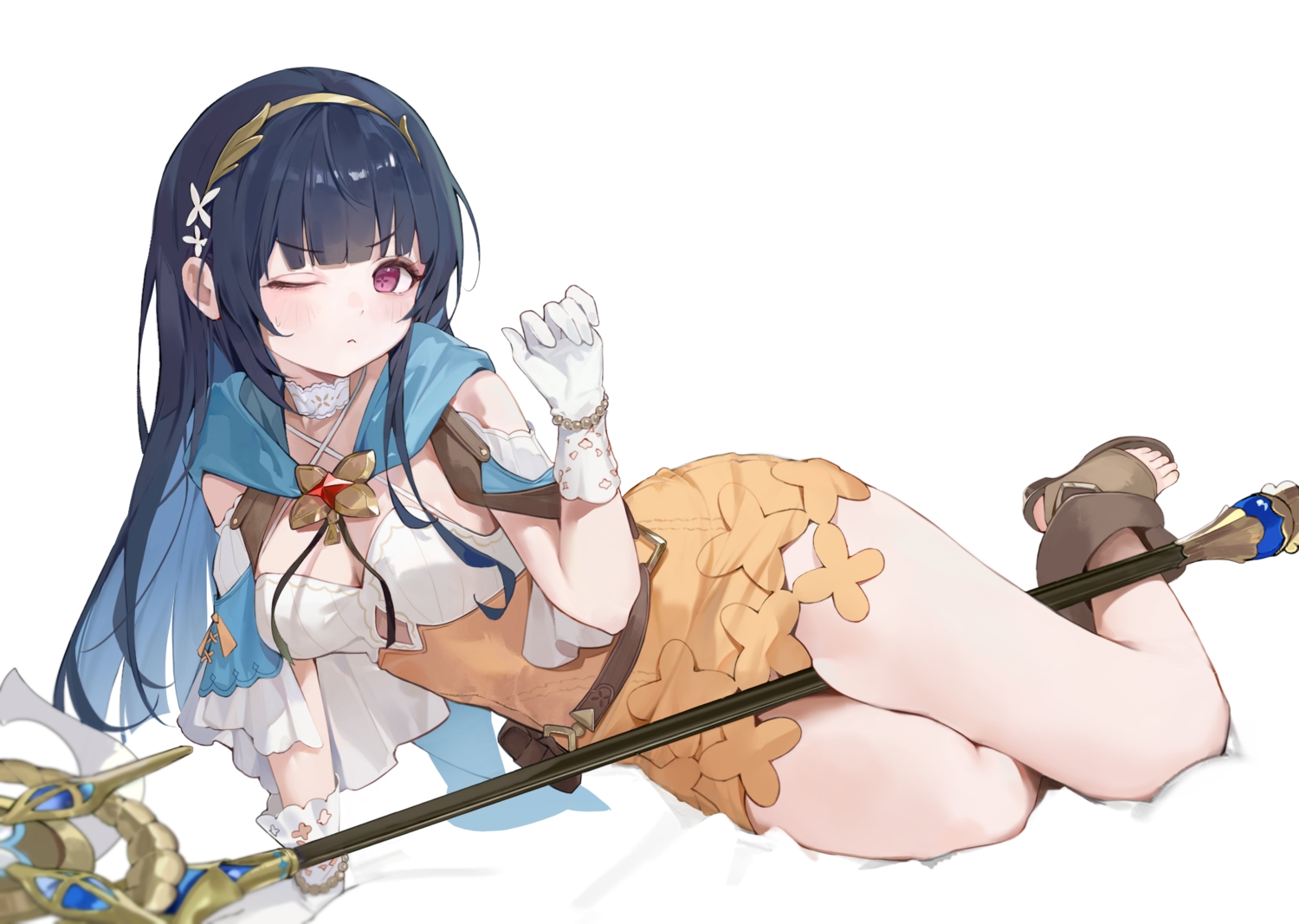 black_hair, blush, breasts, cape, choker, cleavage, dress, gloves