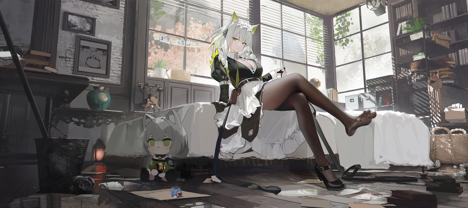 3d, arknights, bed, breasts, catgirl, cleavage, doll, gray_hair, green_eyes, headdress, kal'tsit_(arknights), long_hair, maid, omone_hokoma_agm, pantyhose