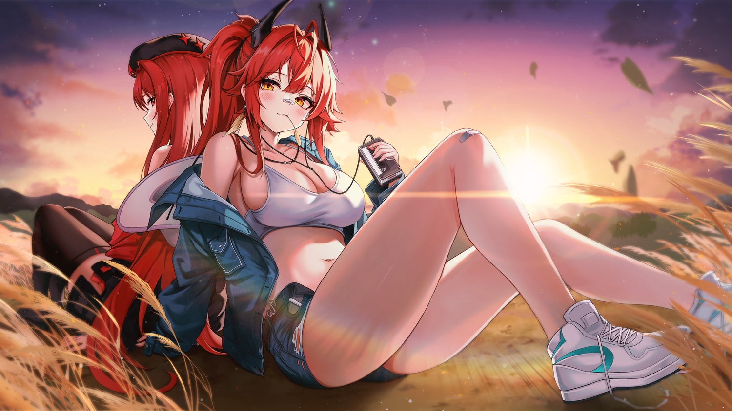 2girls, bandaid, blush, breasts, cleavage, clouds, goddess_of_victory:_nikke, grass