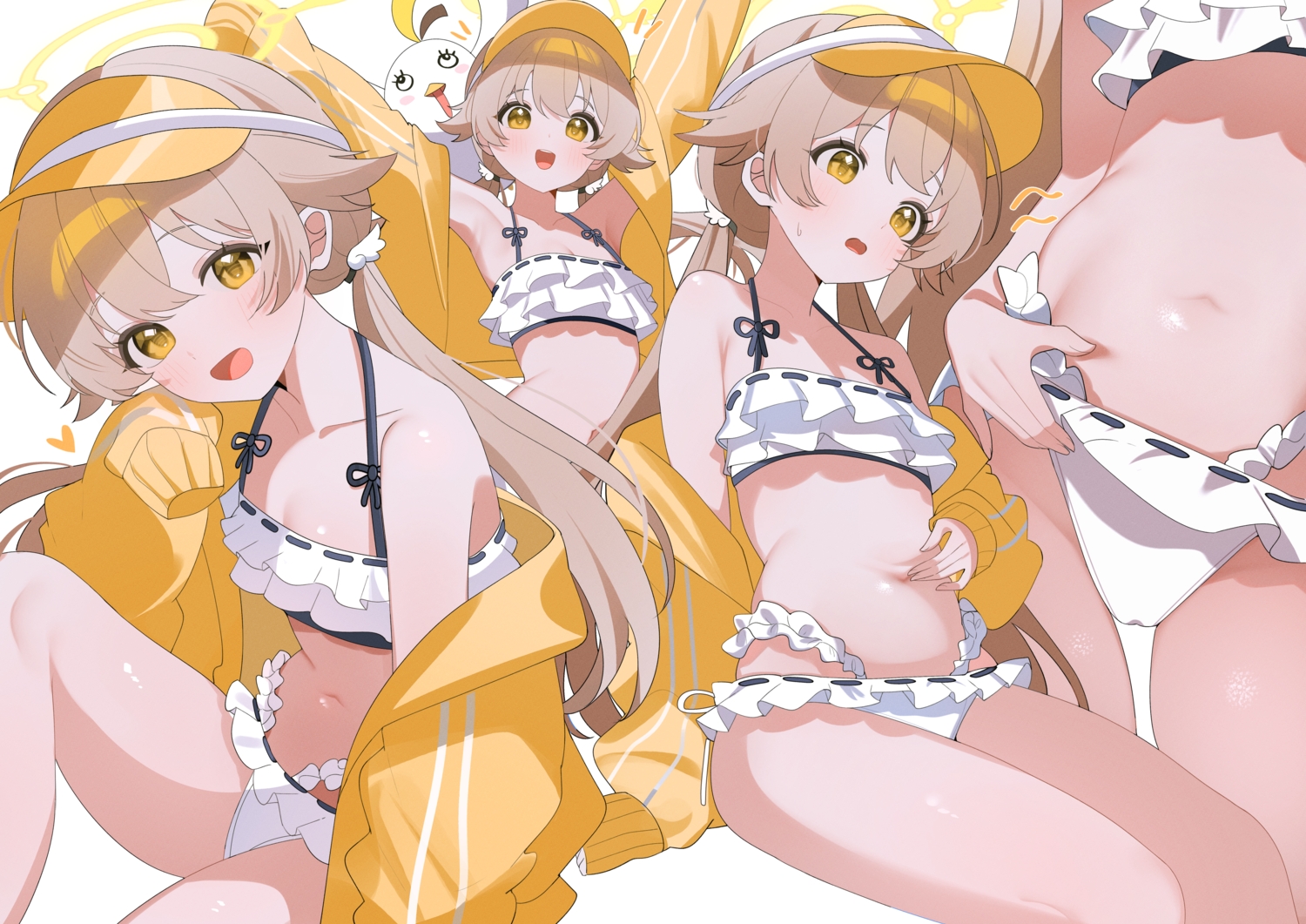 ajitani_hifumi, aliasing, bikini, blue_archive, blush, brown_hair, cameltoe, close, flat_chest, halo, hat, heart, long_hair, navel, shusuchii, swimsuit, twintails, yellow_eyes