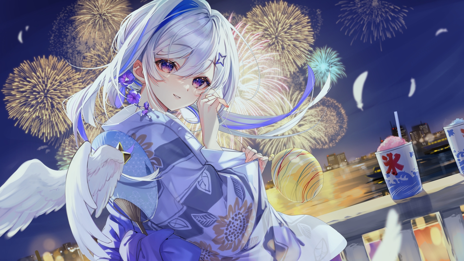 amane_kanata, angel, blush, building, city, close, fan, feathers