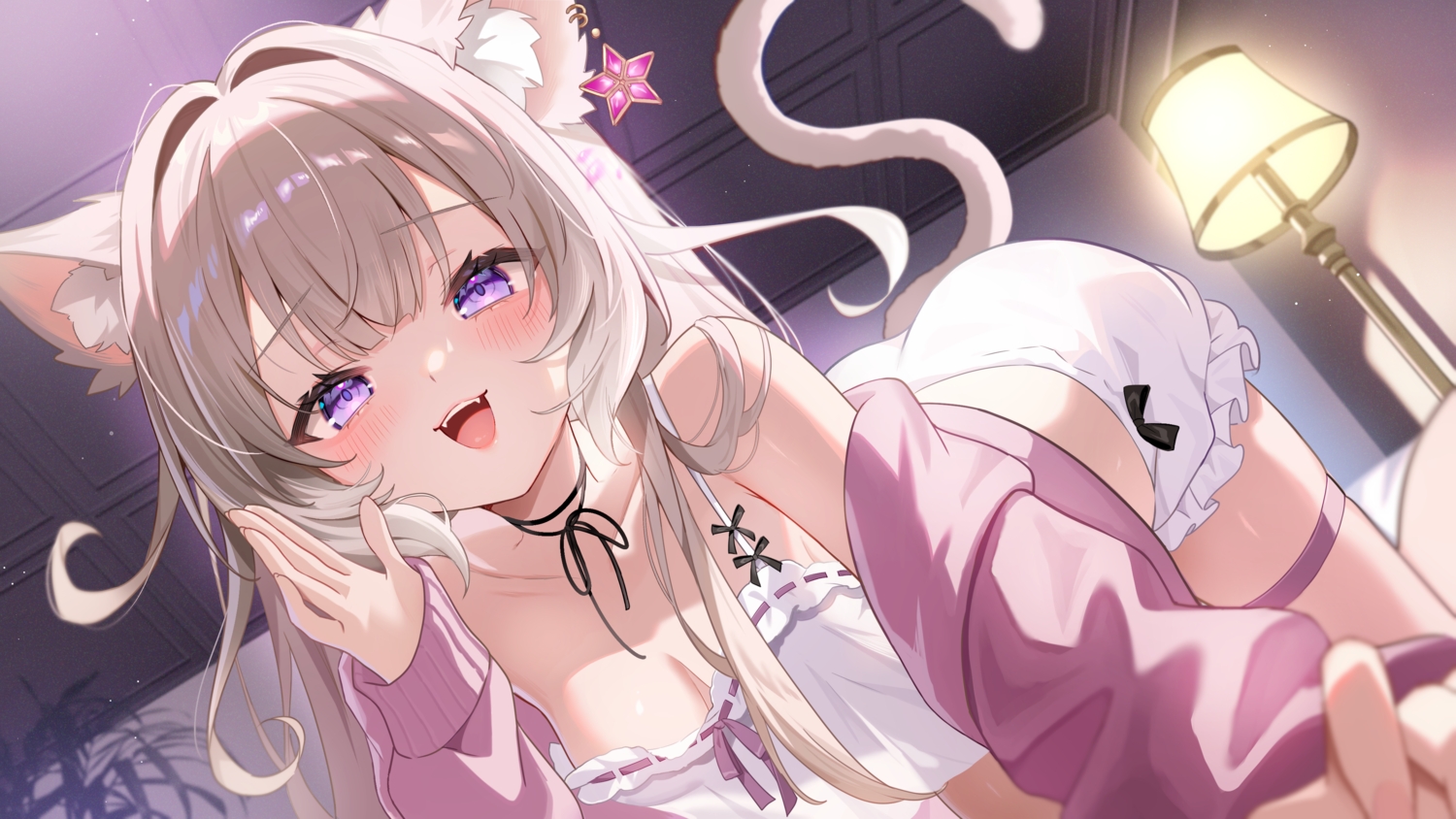 animal_ears, ass, blush, bow, breasts, brown_hair, catgirl, cat_smile, choker, cleavage, close, fang, garter, long_hair, neo-porte, no_bra, pajamas, purple_eyes, ribbons, satoupote, shorts, tail, yozuna_niu