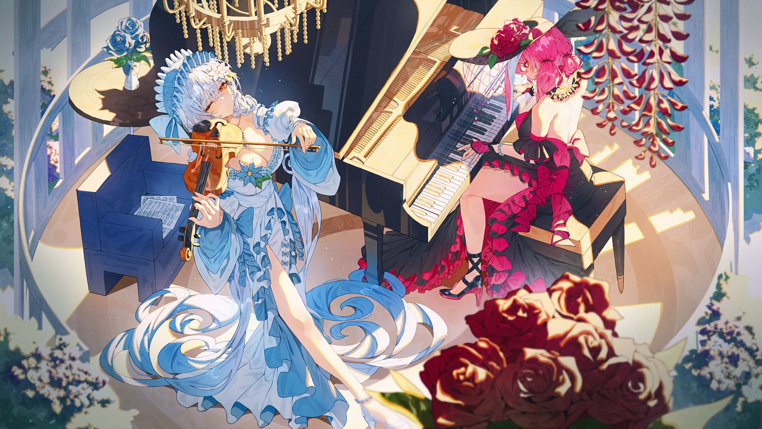 2girls, bow, breasts, cleavage, dress, flowers, gray_hair, hat