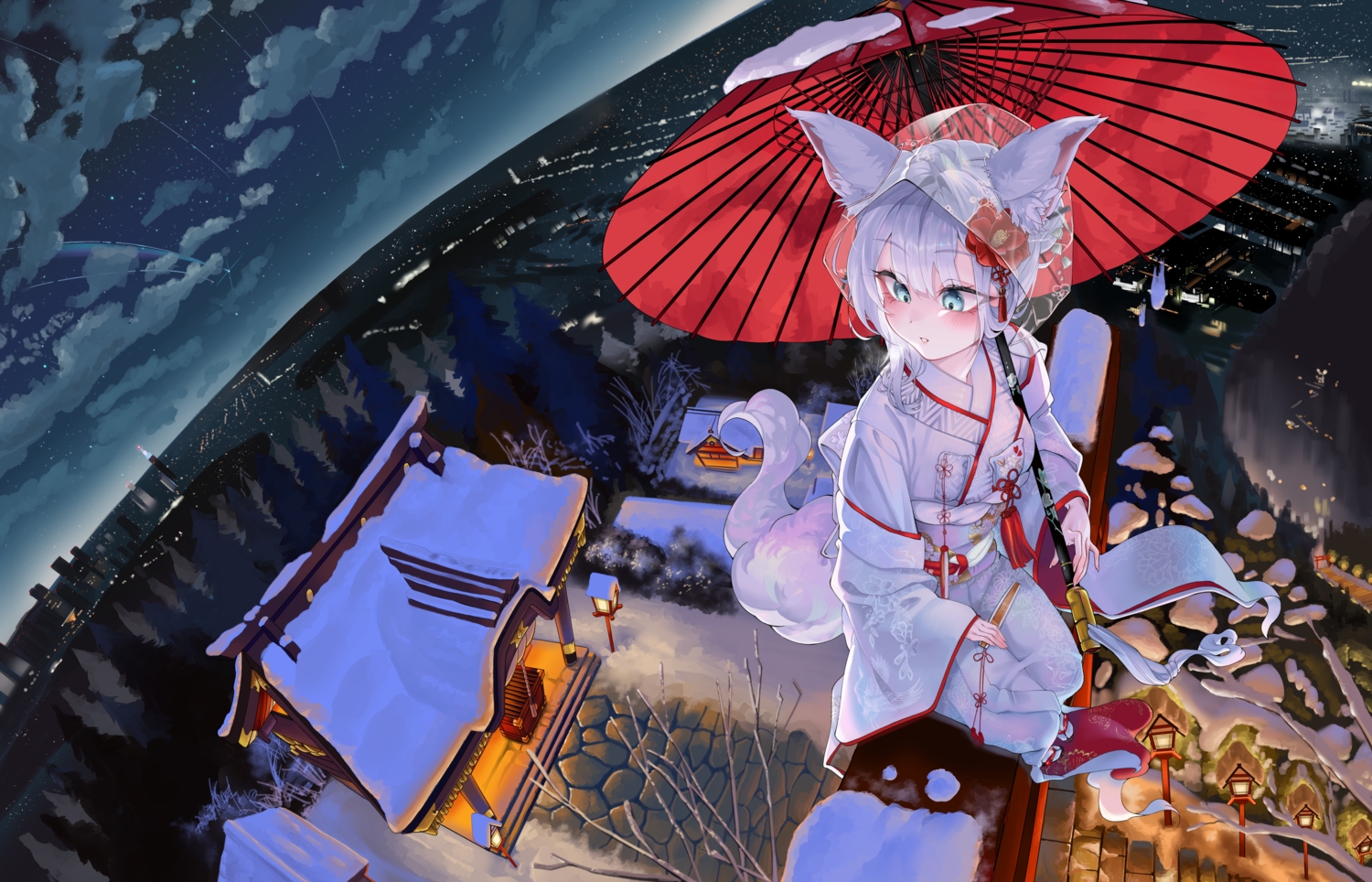 animal_ears, aqua_eyes, blush, building, city, clouds, fan, foxgirl