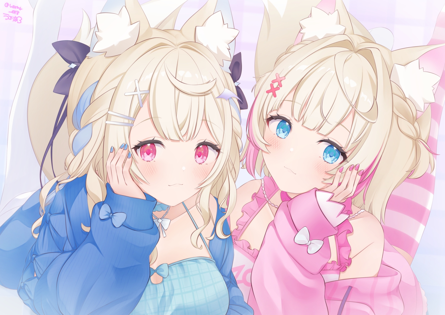 2girls, blonde_hair, blue_eyes, blush, braids, cat_smile, choker, close, doggirl, fuwawa_abyssgard, hololive, hood, long_hair, mococo_abyssgard, pink_eyes, short_hair, signed, tail, twins, usari_sk