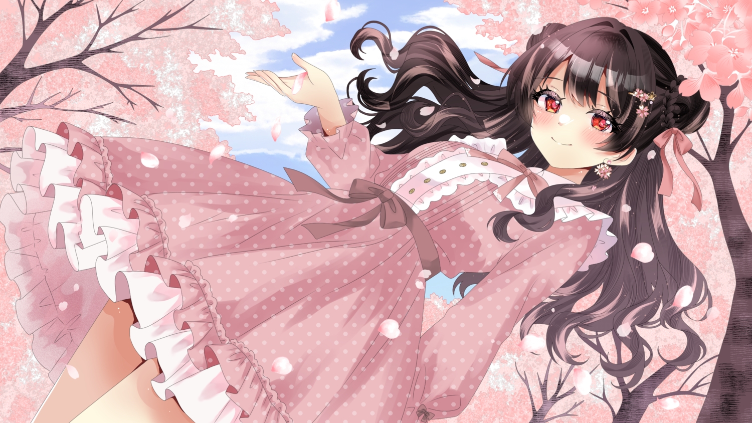 black_hair, blush, bow, braids, cherry_blossoms, clouds, dress, flowers, long_hair, original, petals, red_eyes, rota_kokko, sky, spring, tree