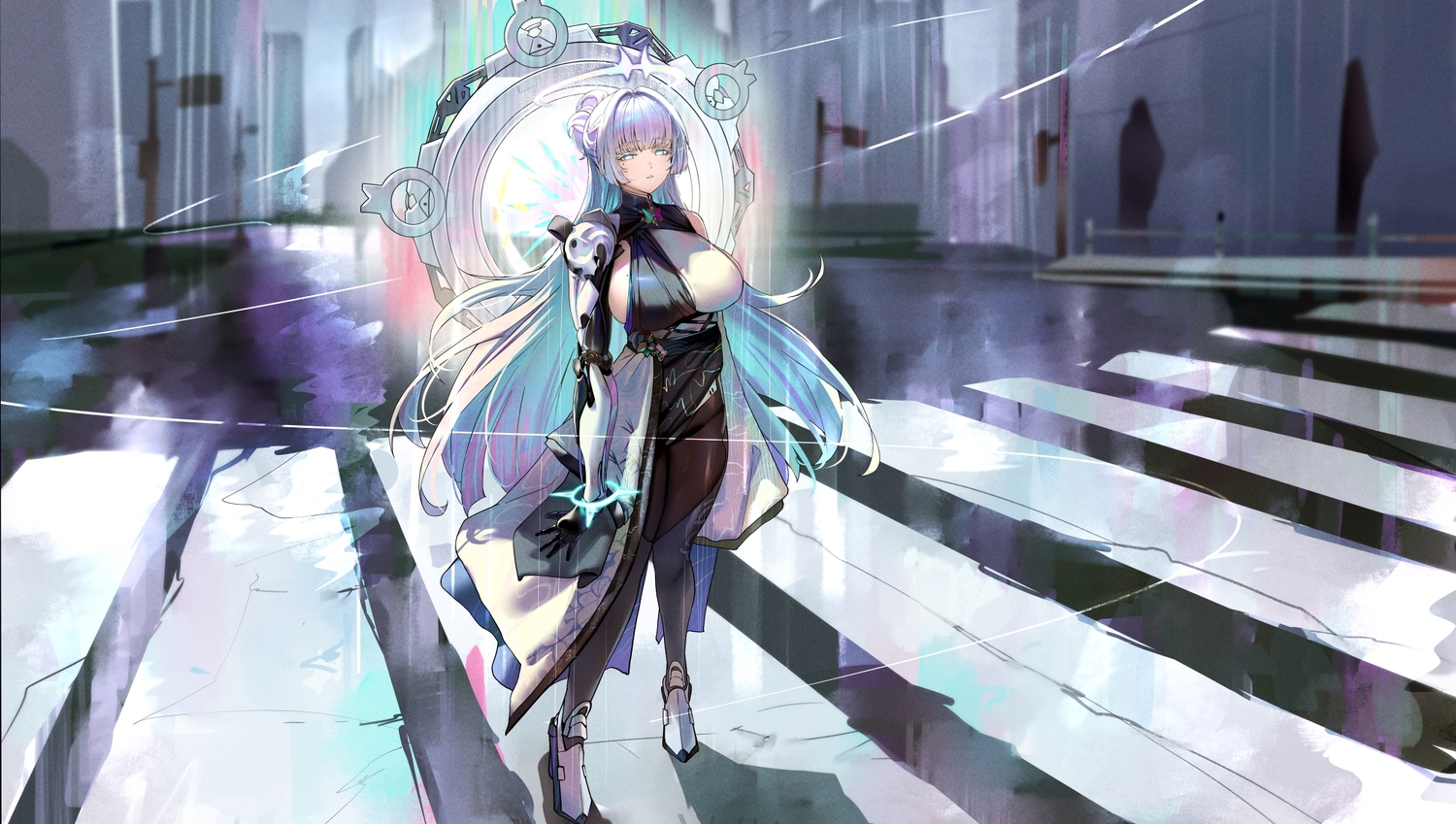aliasing, aqua_eyes, bodysuit, building, city, goddess_of_victory:_nikke, gray_hair, jindogod