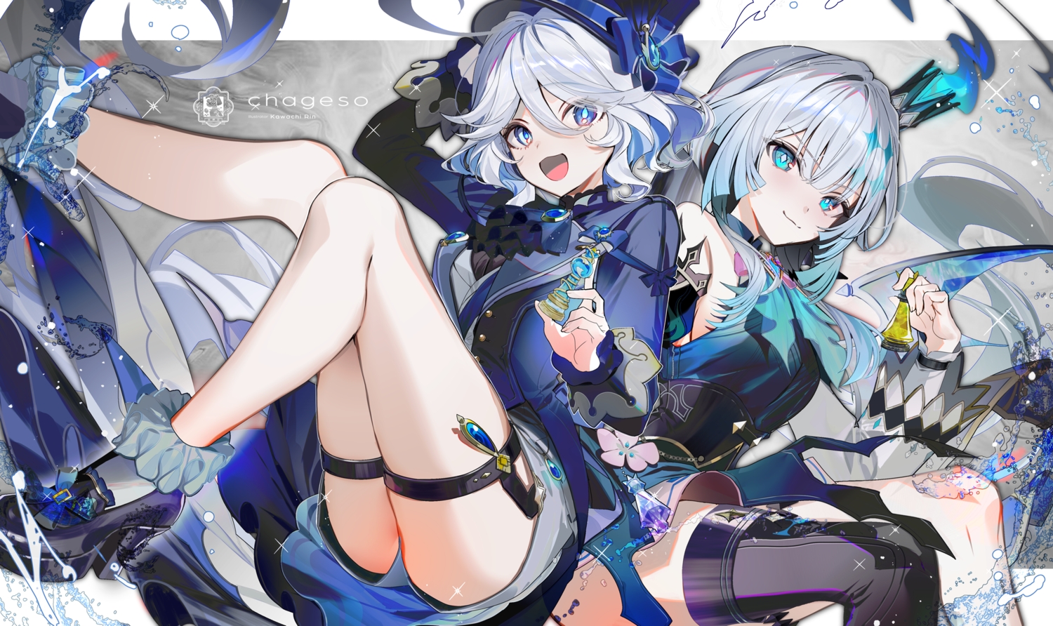 2girls, aqua_eyes, bicolored_eyes, blue_eyes, bow, cerydra_(honkai:_star_rail), corset, crossover