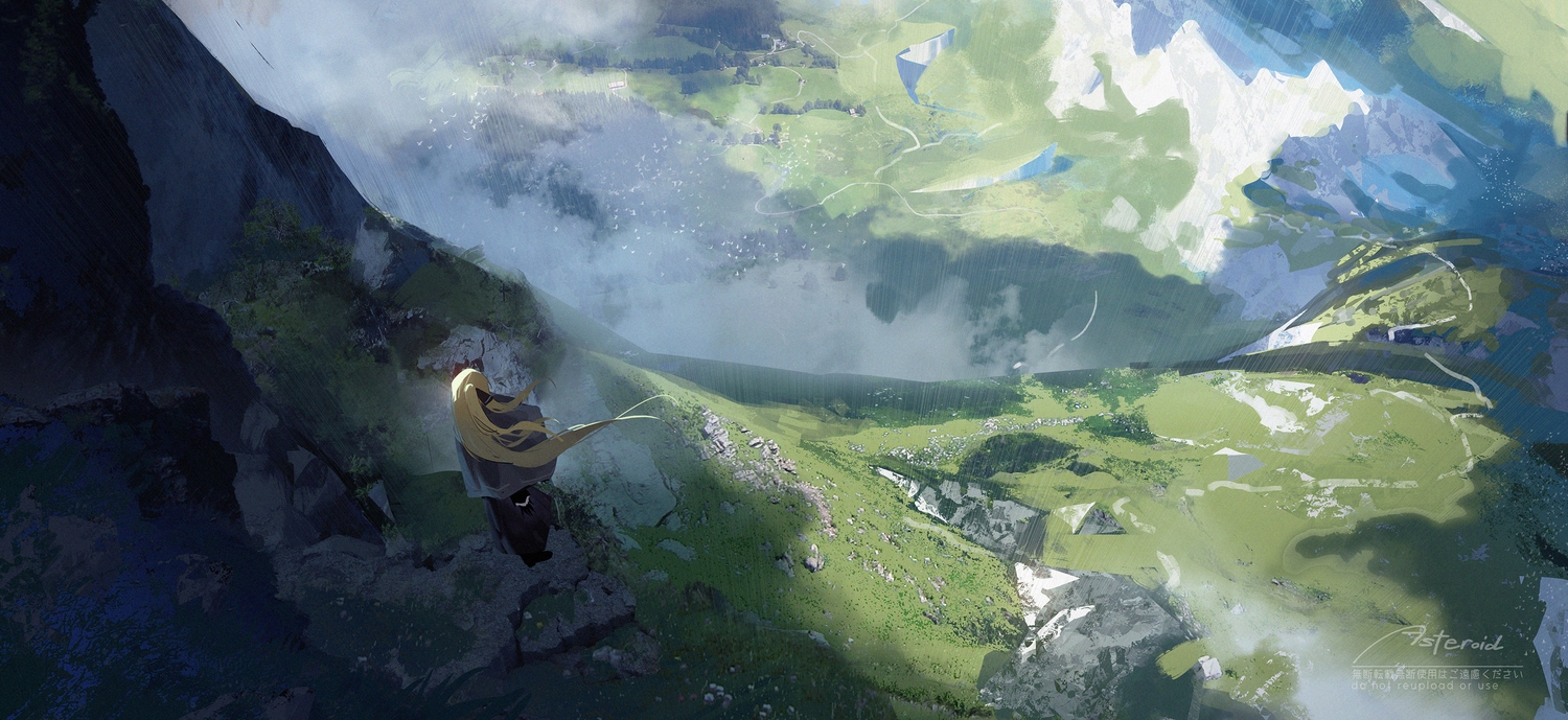 asteroid_ill, blonde_hair, cape, clouds, dress, landscape, long_hair, original