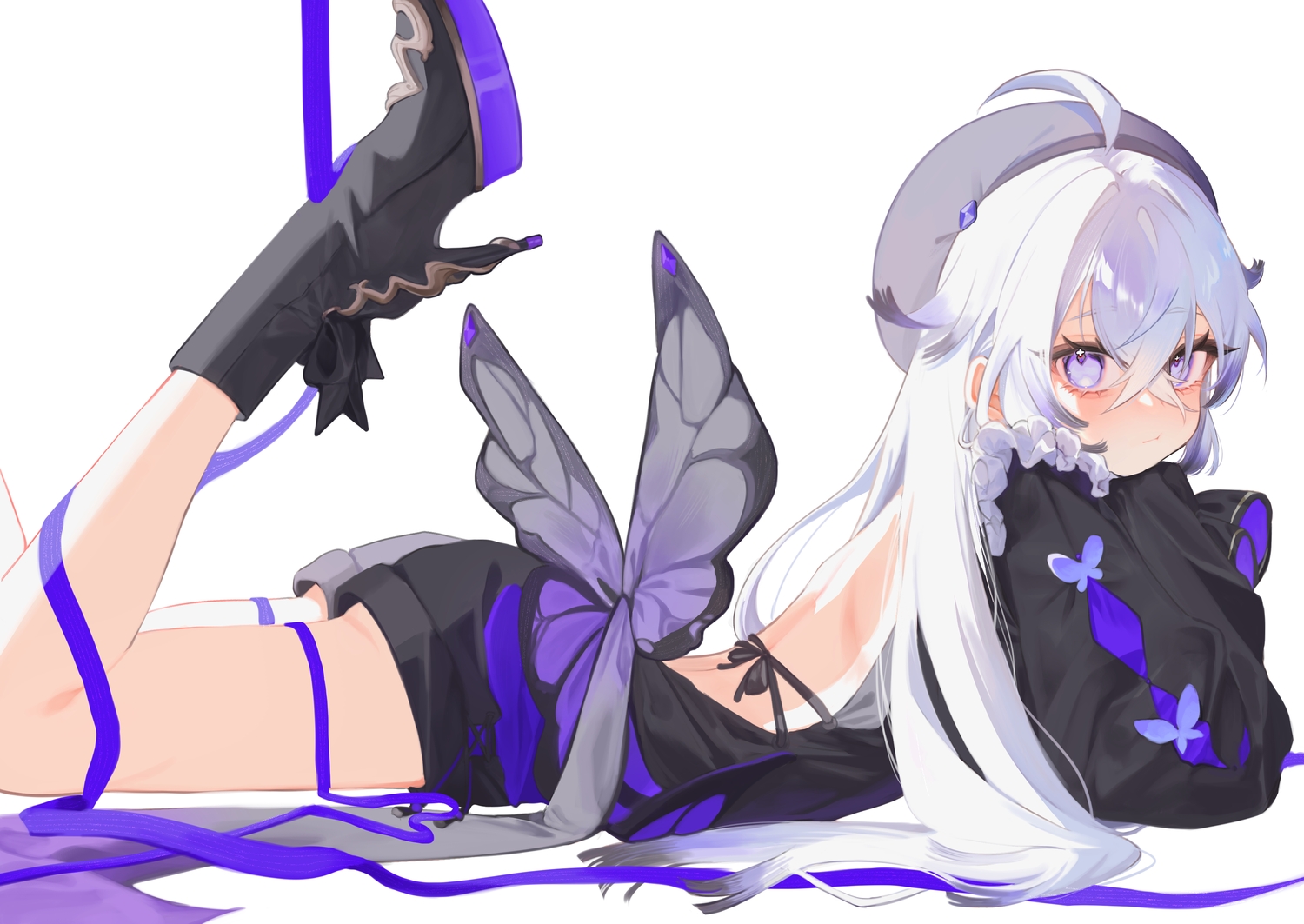 boots, bow, hat, long_hair, mashiro_io, original, purple_eyes, ribbons